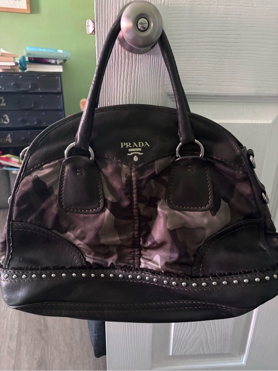 Prada Handbags - Prada Black & Gray Camouflage Satchel with Studded Trim